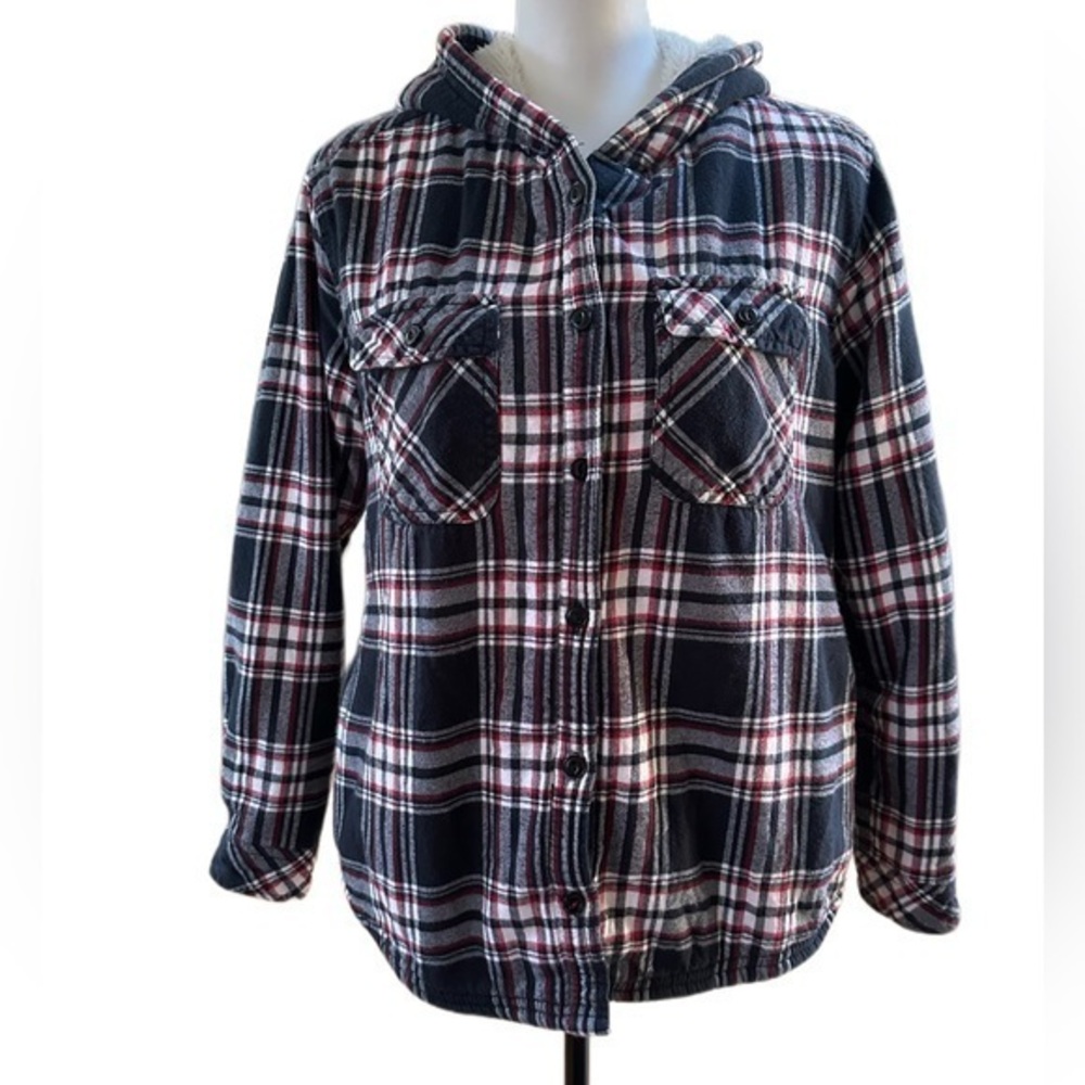 Boston Traders Blue‎ & Red Women's Plush Lined Hooded Shirt Jacket Sz L